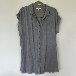 Gray chambray shirt dress with frayed hem.